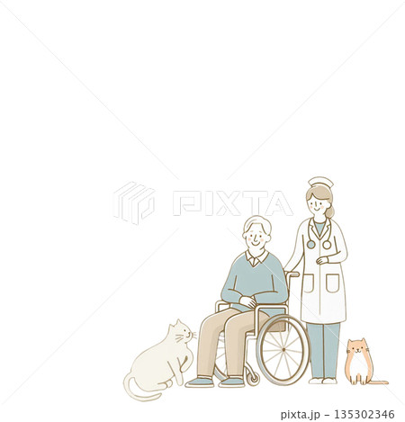 車いすの高齢者と介護スタッフの関わりを描いたイラストです。猫を通して安心感や癒しのイメージを表現 135302346