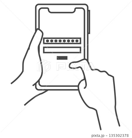 パスワード入力を求められ、入力するスマートフォンのイラスト 135302378