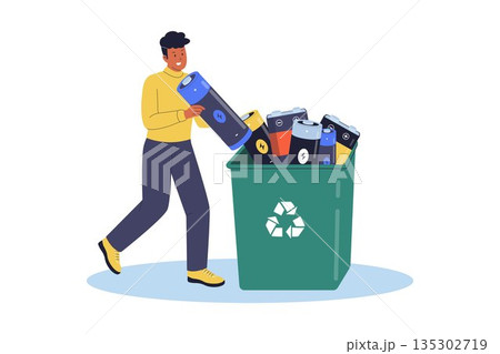 Man Disposing Used Batteries into Dedicated Recycling Container Illustration Man Disposing Used Batteries into Dedicated Recycling Container Illustration 135302719