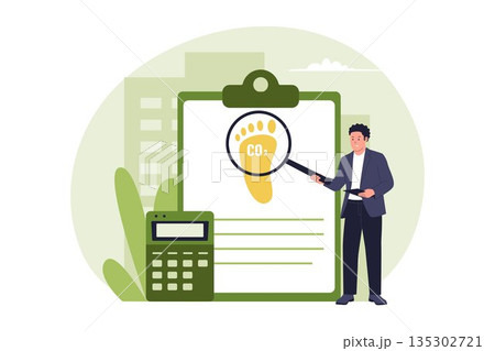 Illustration of an Auditor Examining Carbon Footprints on a Business Clipboard Illustration of an Auditor Examining Carbon Footprints on a Business Clipboard 135302721