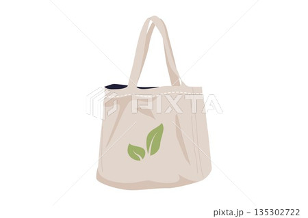 Reusable Cotton Eco Bag with Green Leaf Symbol for Sustainable Shopping 135302722