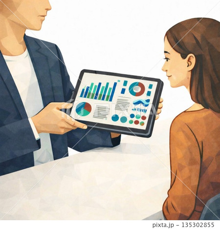 データを見せながら説明するビジネスシーンのイラスト 135302855