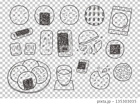 手繪插圖，描繪了各種各樣的米餅（單色） 135303035