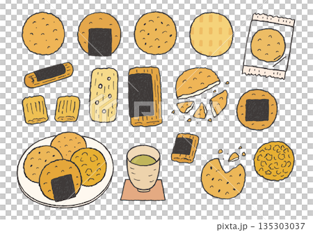Hand-drawn illustration set of various rice crackers (color) 135303037