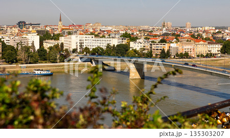 Captivating panorama of Novi Sad. Serbia. Where the majestic Danube River flows beneath picturesque skyline Captivating panorama of Novi Sad. Serbia. Where the majestic Danube River flows beneath picturesque skyline 135303207