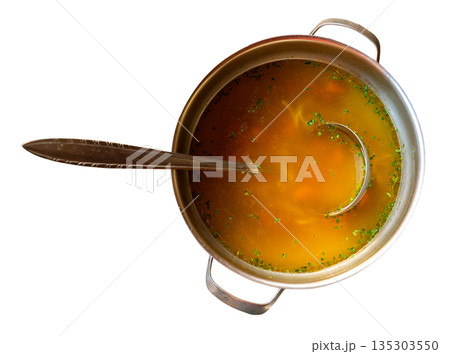 Rustic Croatian beef broth with noodles in pot Rustic Croatian beef broth with noodles in pot 135303550