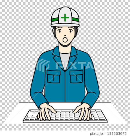 A field worker wearing a helmet and operating a computer in surprise 135303673