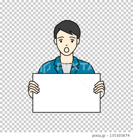 白いパネルを手に持ち驚いた表情を見せる作業服の男性 135303674