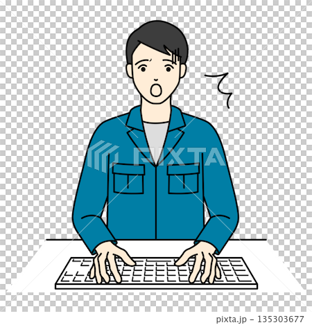 PC操作中に冷や汗をかき青ざめて驚く作業服の男性 135303677