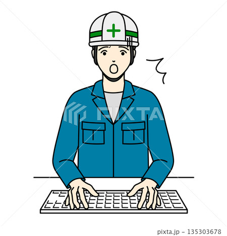 ヘルメットを被り冷や汗をかいてPC作業に焦る作業員 ヘルメットを被り冷や汗をかいてPC作業に焦る作業員 135303678