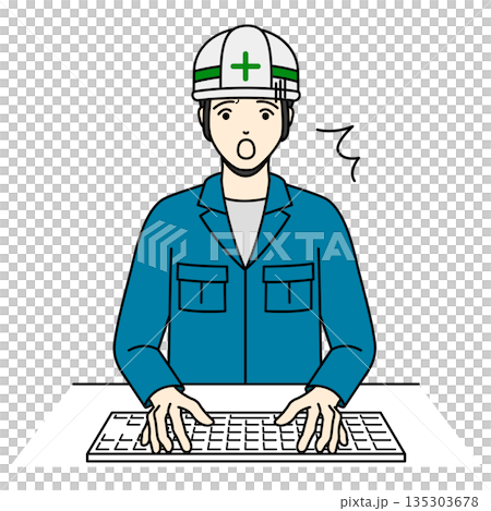 ヘルメットを被り冷や汗をかいてPC作業に焦る作業員 ヘルメットを被り冷や汗をかいてPC作業に焦る作業員 135303678