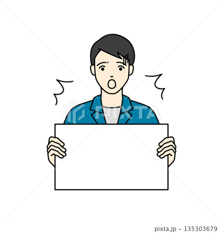 白いパネルを手に持ち冷や汗をかいて驚く作業服の男性 135303679