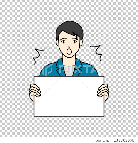 白いパネルを手に持ち冷や汗をかいて驚く作業服の男性 135303679