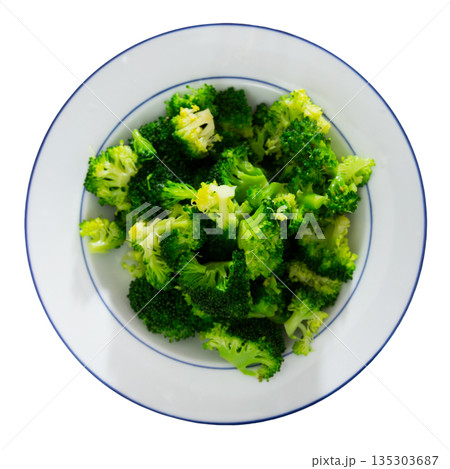 Plate of freshly roasted green broccoli for healthy vegetarian lunch Plate of freshly roasted green broccoli for healthy vegetarian lunch 135303687