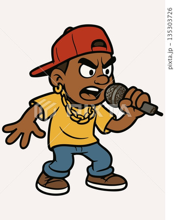 Cool Cartoon Rapper Performing with Microphone Illustration 135303726