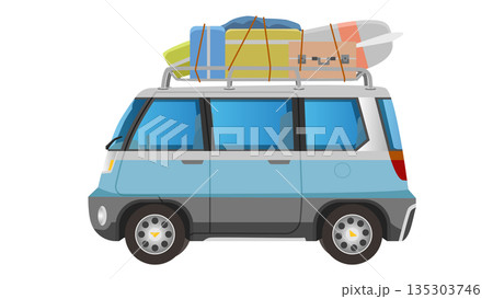 Traveling by car with suitcases and surfboards. Van car blue and grey color can view in side car. Vector illustration on isolated white background. Traveling by car with suitcases and surfboards. Van car blue and grey color can view in side car. Vector illustration on isolated white background. 135303746