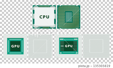 Illustrated comparison of CPU and GPU: Explaining the role of parallel processing and AI calculations 135303819