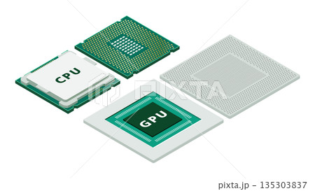 CPUとGPUの構造と処理分担を示すアイソメ図解｜AIアクセラレータとシステム設計の基礎 135303837