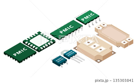 パワー半導体と電源ICの構造と電力制御を示す電源設計アイソメ図 パワー半導体と電源ICの構造と電力制御を示す電源設計アイソメ図 135303841