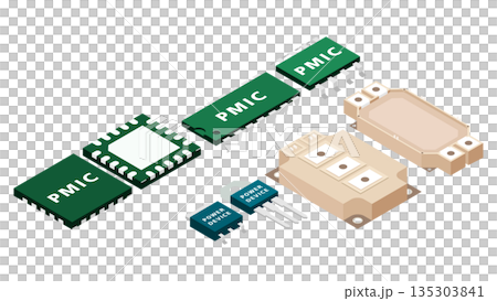 パワー半導体と電源ICの構造と電力制御を示す電源設計アイソメ図 パワー半導体と電源ICの構造と電力制御を示す電源設計アイソメ図 135303841
