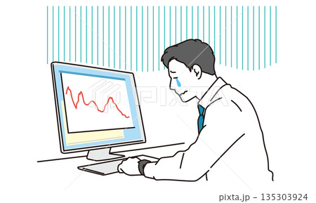 グラフの下降線を見て落ち込むビジネスマンのイラスト素材 135303924