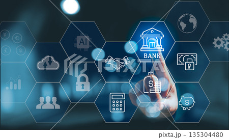 Digital banking and fintech interface with hand touching bank icon on hexagon network, showing AI, cloud, security, payments, savings, analytics and global financial services transformation. 135304480