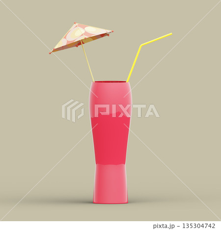 Cocktail Wine Pink Color Glass with Yellow Straw and Colorful Umbrella. 3D Illustration. File with Clipping Path. Cocktail Wine Pink Color Glass with Yellow Straw and Colorful Umbrella. 3D Illustration. File with Clipping Path. 135304742