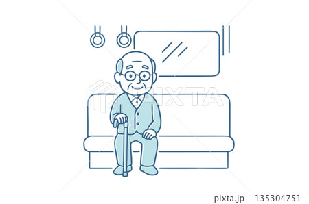電車の座席に座り、杖をついて穏やかに微笑む高齢男性のイラスト 135304751