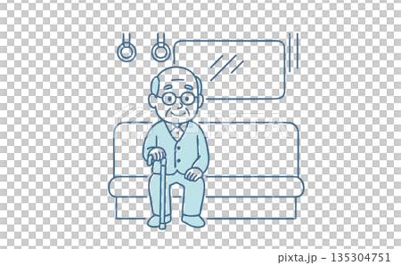 電車の座席に座り、杖をついて穏やかに微笑む高齢男性のイラスト 135304751