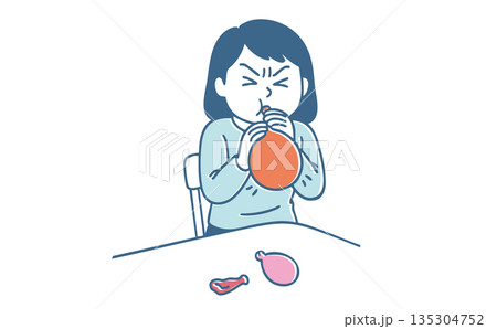 一生懸命に風船を膨らませる女性のイラスト 135304752