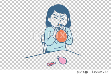 Illustration of a woman working hard to inflate a balloon Illustration of a woman working hard to inflate a balloon 135304752