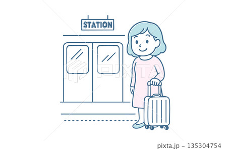 駅のホームでスーツケースを持ち旅行や出張に向かう女性のイラスト 135304754
