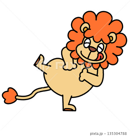 お腹いっぱいで寝転ぶライオンのかわいいイラスト 135304788