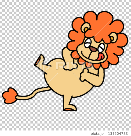 お腹いっぱいで寝転ぶライオンのかわいいイラスト 135304788