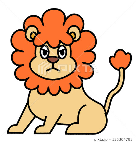 真剣な表情で座るライオンのかわいいイラスト 135304793