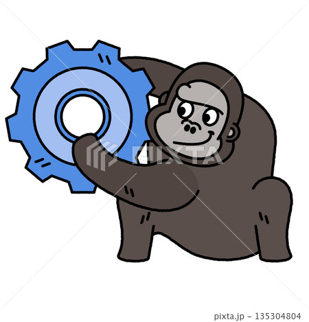 タイヤを投げるゴリラのコミカルなイラスト 135304804
