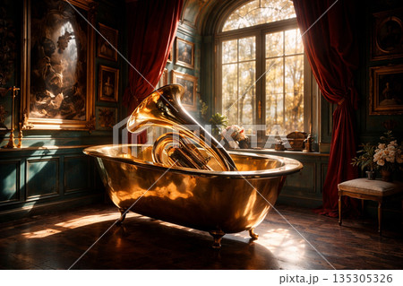 AI generated surreal composition featuring a brass tuba resting inside a golden bathtub in an elegant European room warm sunlight through tall windows rich red curtains vintage art 135305326