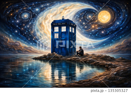 AI generated mysterious blue box beside lone man under swirling galaxies moon and sun above reflective water evokes infinite journey solitude hope and surreal sci fi fantasy atmosphere 135305327