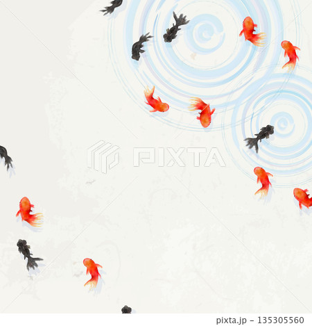 上から見た金魚と葉と水面の波紋　ミニマルな和風イラスト(和紙テクスチャ) 135305560