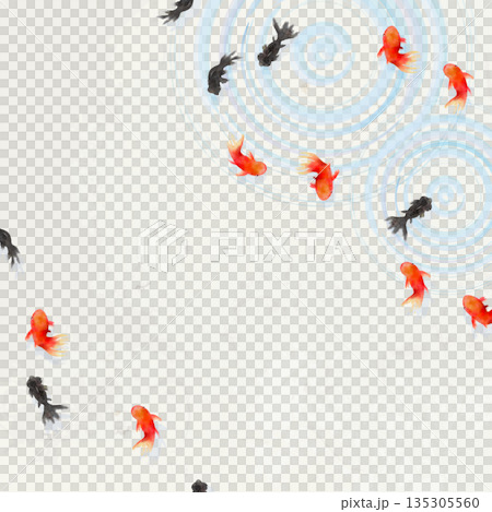 俯視圖：金魚、樹葉和水面漣漪－極簡日式插畫（和紙紋理） 135305560