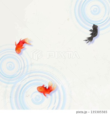 上から見た金魚と葉と水面の波紋　ミニマルな和風イラスト(和紙テクスチャ) 135305565