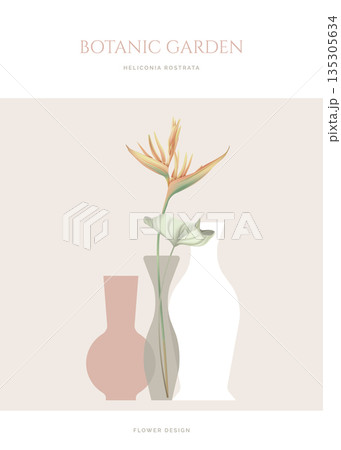 Heliconia rostrata flowers with leaves in vase 135305634