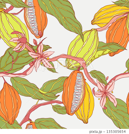 Plant seamless pattern, hand drawn line art cocoa tree on bright grey 135305654