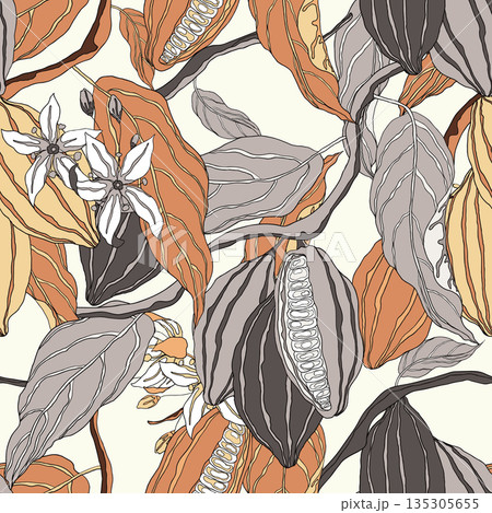 Plant seamless pattern, hand drawn line art cocoa tree on bright brown 135305655