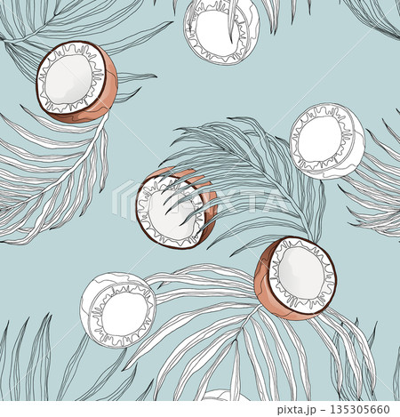 Plant seamless pattern, hand drawn line art coconut and leaves on blue Plant seamless pattern, hand drawn line art coconut and leaves on blue 135305660