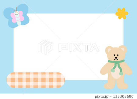 Rectangle blue frame with teddy bear and butterfly for polaroid photo, ad template, social media post, decoration, notepads, sticky note, memo, animal print, poster, post card, zoo, nature, garden 135305690