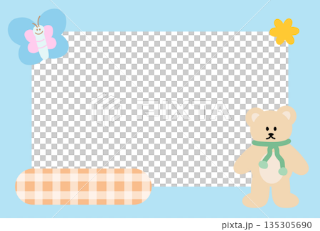 Rectangle blue frame with teddy bear and butterfly for polaroid photo, ad template, social media post, decoration, notepads, sticky note, memo, animal print, poster, post card, zoo, nature, garden 135305690