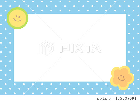 Rectangle blue frame with happy face and polka dot pattern for polaroid photo, ad template, social media post, decoration, notepads, sticky note, memo, print, poster, post card, back to school 135305691