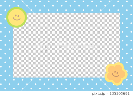 Rectangle blue frame with happy face and polka dot pattern for polaroid photo, ad template, social media post, decoration, notepads, sticky note, memo, print, poster, post card, back to school 135305691