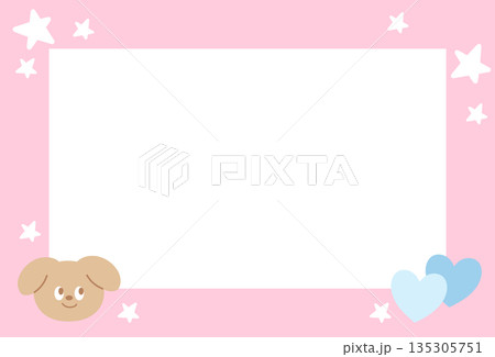 Rectangle pink frame with puppy, heart, star pattern for polaroid photo, ad template, social media post, decoration, notepads, sticky note, memo, print, poster, dog post card, animal, pet, vet 135305751
